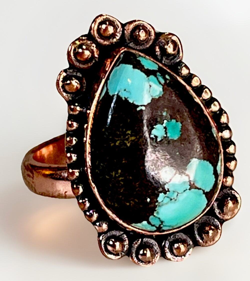 Southwestern Oxidized Copper Hubei Turquoise Teardrop Adjustable Ring 7.7g NEW